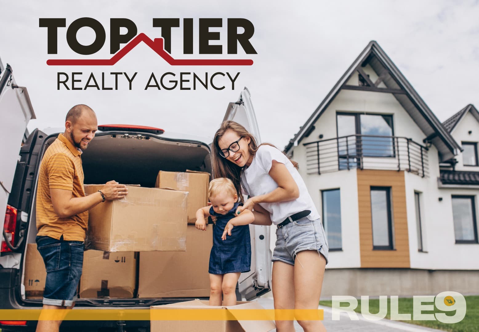 TopTier Realty Agency logo design shown over a family moving into a home.
